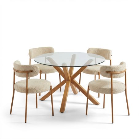 Ensemble repas table à manger ronde en verre HARRY 120 cm et lot de 4 chaises NOA tissu beige