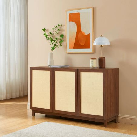 Buffet HARIA effet noyer et rotin 3 portes 140cm
