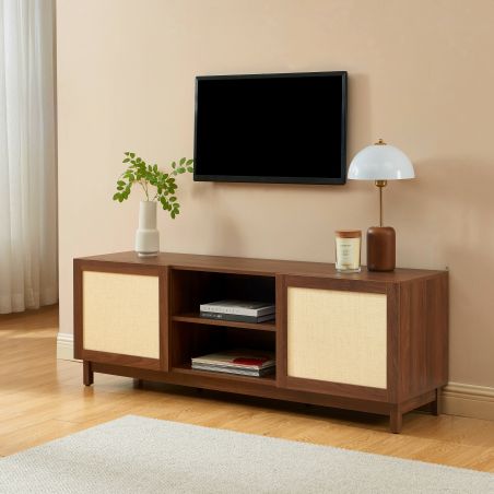 Meuble TV HARIA effet noyer et rotin 150cm