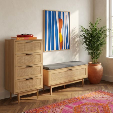Chiffonnier AMANA 4 tiroirs effet chêne et cannage rotin 50cm