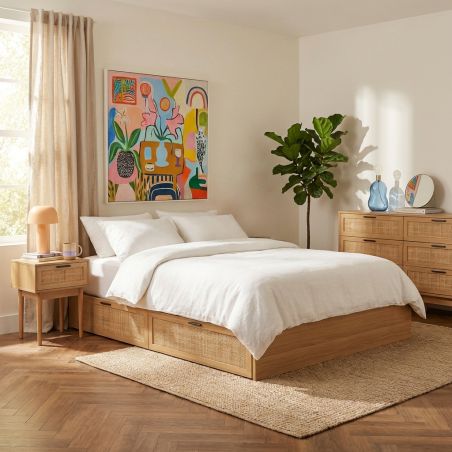 Cadre de lit à tiroirs AMANA 140x190 cannage rotin sommier inclus