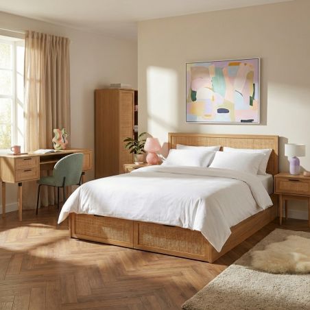 Lit à tiroirs AMANA 140x190 cannage rotin sommier inclus