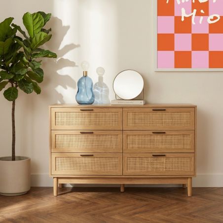 Commode AMANA 6 tiroirs effet chêne et cannage rotin 120cm