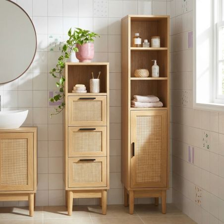 Colonne de salle de bain AMANA effet chêne et cannage rotin 30cm