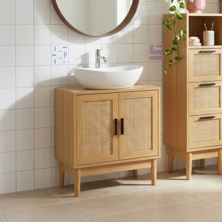 Meuble sous vasque AMANA effet chêne et cannage rotin 60cm