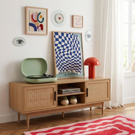 Meuble TV AMANA effet chêne et cannage rotin 130cm