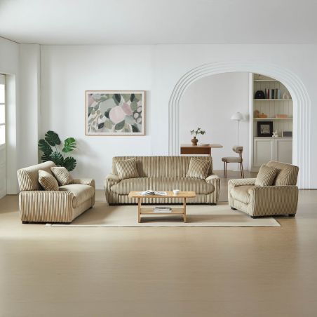 Ensemble canapé droit fixe 3 places + fauteuil 1 place ADEA velours côtelé marron