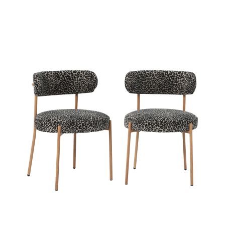 Lot de 2 chaises NOA tissu imprimé léopard noir pieds métal finition bois