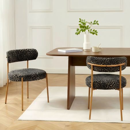 Lot de 2 chaises NOA tissu imprimé léopard noir pieds métal finition bois