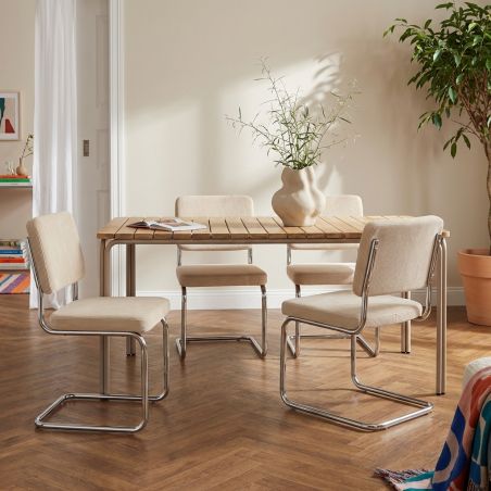 Ensemble repas table ASTI bois d'acacia FSC 160cm et lot de 4 chaises JACK velours côtelé écru