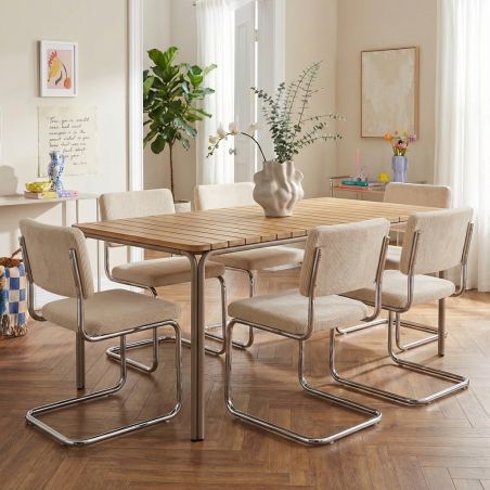 Ensemble repas table ASTI bois d'acacia FSC 200cm et lot de 6 chaises JACK velours côtelé écru