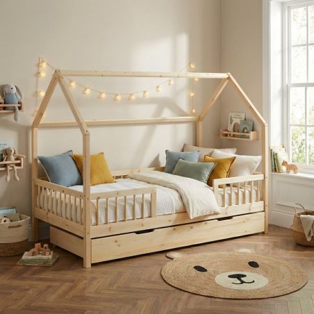 Lit cabane avec barrières TINY 90x190 pin massif sommier + tiroir inclus