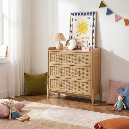 Commode enfant PABLO 3 tiroirs cannage rotin et effet bois 80cm