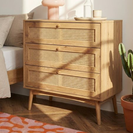 Commode INES effet chêne et cannage rotin 3 tiroirs