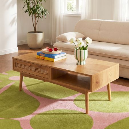 Table basse INES effet chêne et cannage rotin