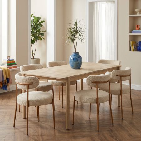 Ensemble repas table SAMOA 180 cm et lot de 6 chaises NOA tissu bouclette beige