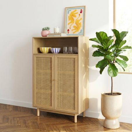 Buffet HELENA effet chêne et cannage rotin 2 portes 80 cm
