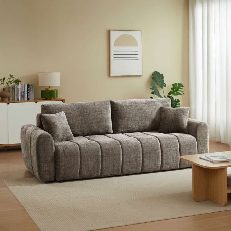 Canapé droit convertible JONEA 3 places tissu texturé marron