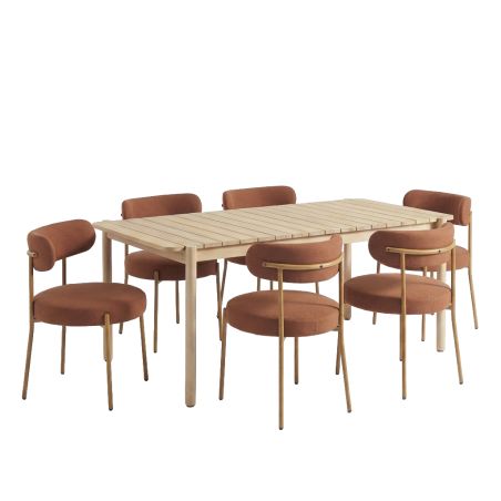 Ensemble repas table SAMOA 180 cm et lot de 6 chaises NOA tissu terracotta