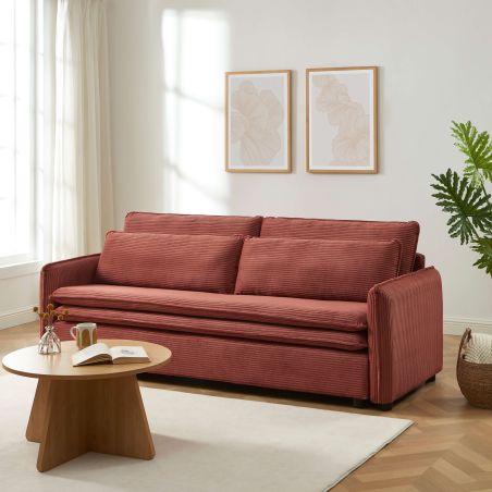 Canapé droit convertible CIBOLA 3 places velours côtelé terracotta