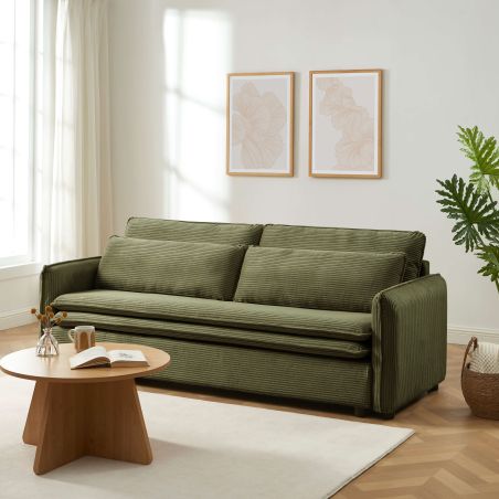Canapé droit convertible CIBOLA 3 places velours côtelé vert