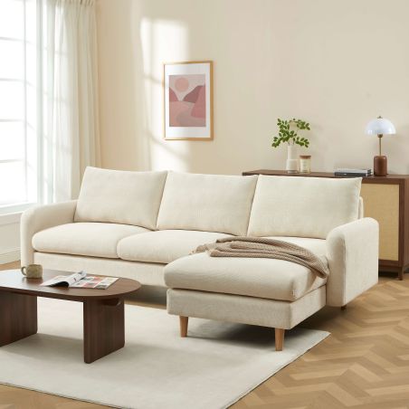 Canapé d'angle réversible fixe CALIBA 4 places tissu chenille beige