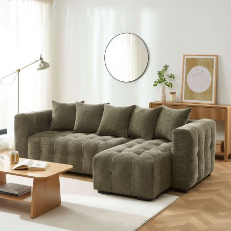 Canapé d'angle convertible et réversible LEVIA 4 places tissu vert