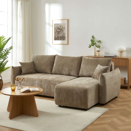 Canapé d'angle convertible et réversible NEMEA 4 places tissu chenille marron