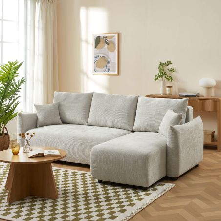 Canapé d'angle convertible et réversible NEMEA 4 places tissu chenille gris