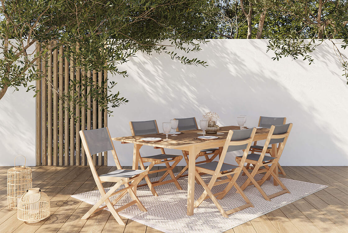 Ensemble table et chaises de jardin bois et toile